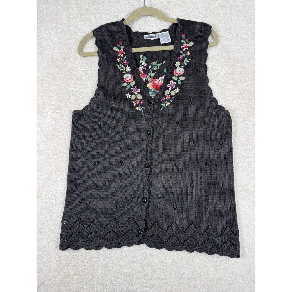 Capacity Knit‎ Vest Womens Medium Black Excellent Floral Embroidered Cottagecore